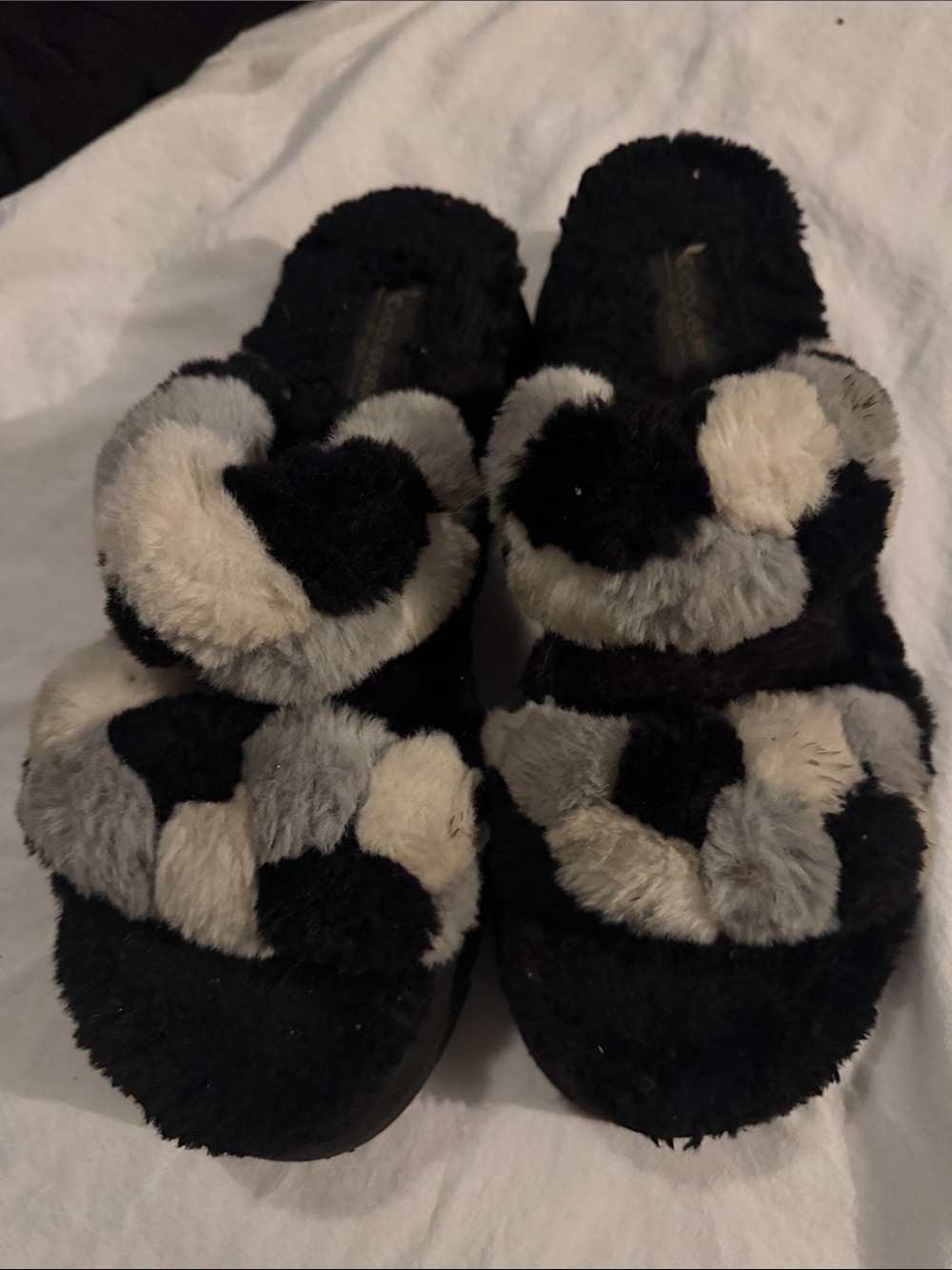 UGG Plush Patchwork Slide Sandals in Black, Gray & Cream